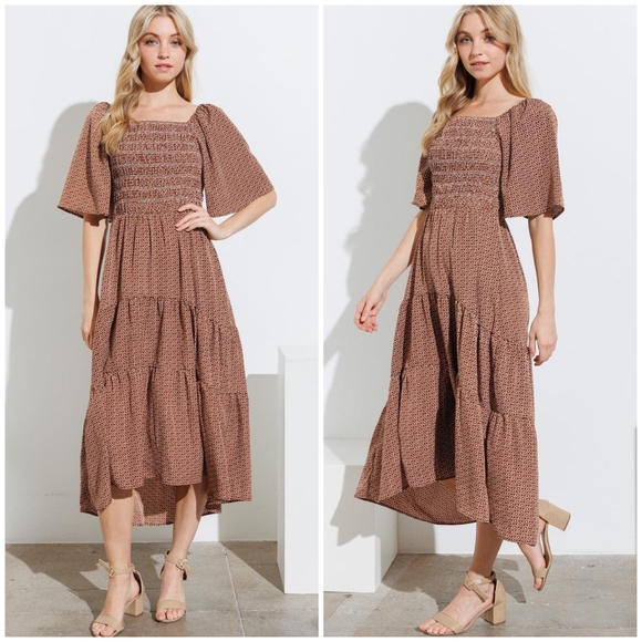 FEW LEFT ! POLAGRAM Chic Rusted Brown Short Bell Sleeves Maxi Dress - Picture 2 of 6